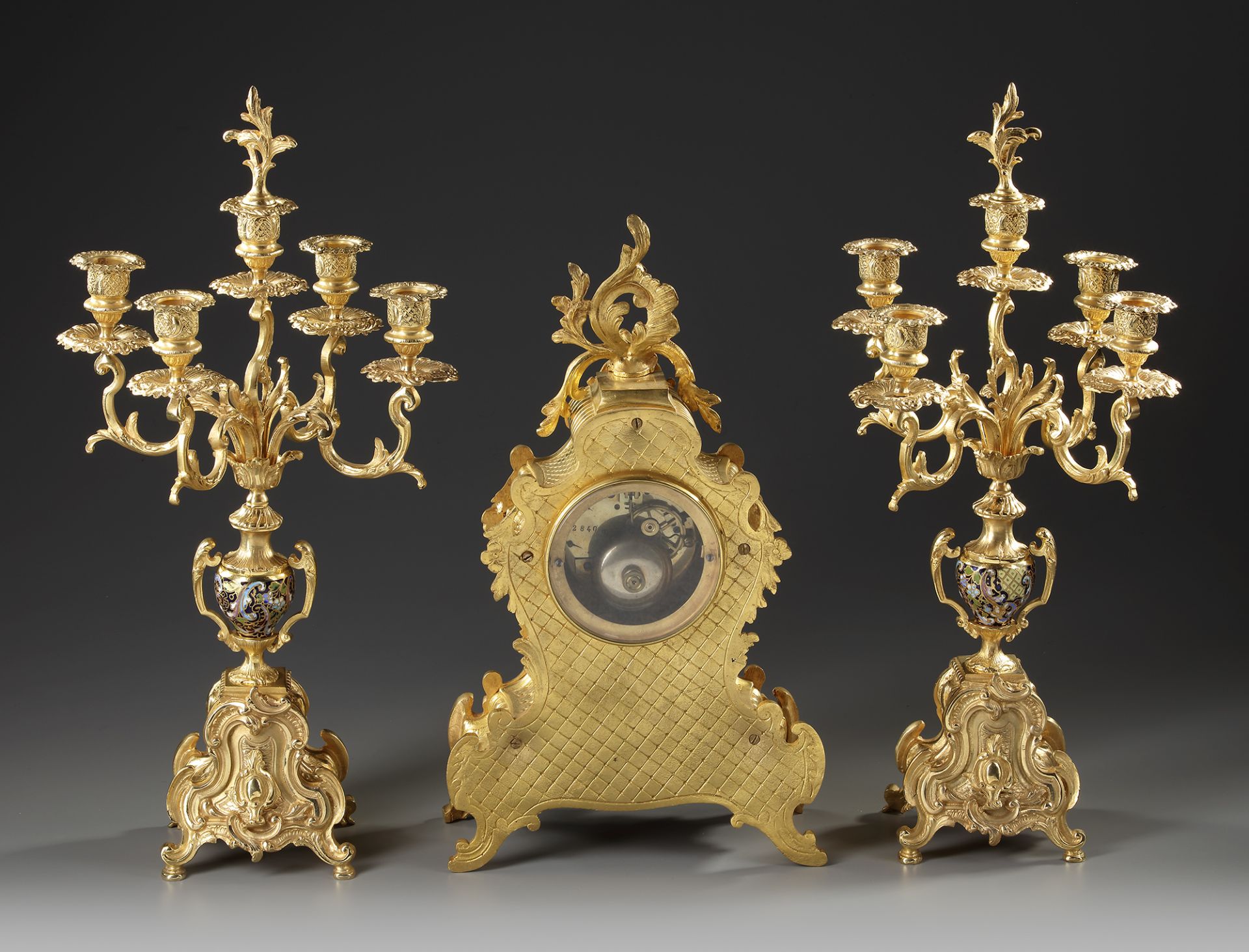 A FRENCH CHAMPLEVÉ ENAMEL CLOCK SET, 19TH CENTURY - Image 2 of 3