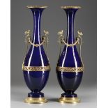 A PAIR OF FRENCH BLUE PORCELAIN VASES, CIRCA 1900