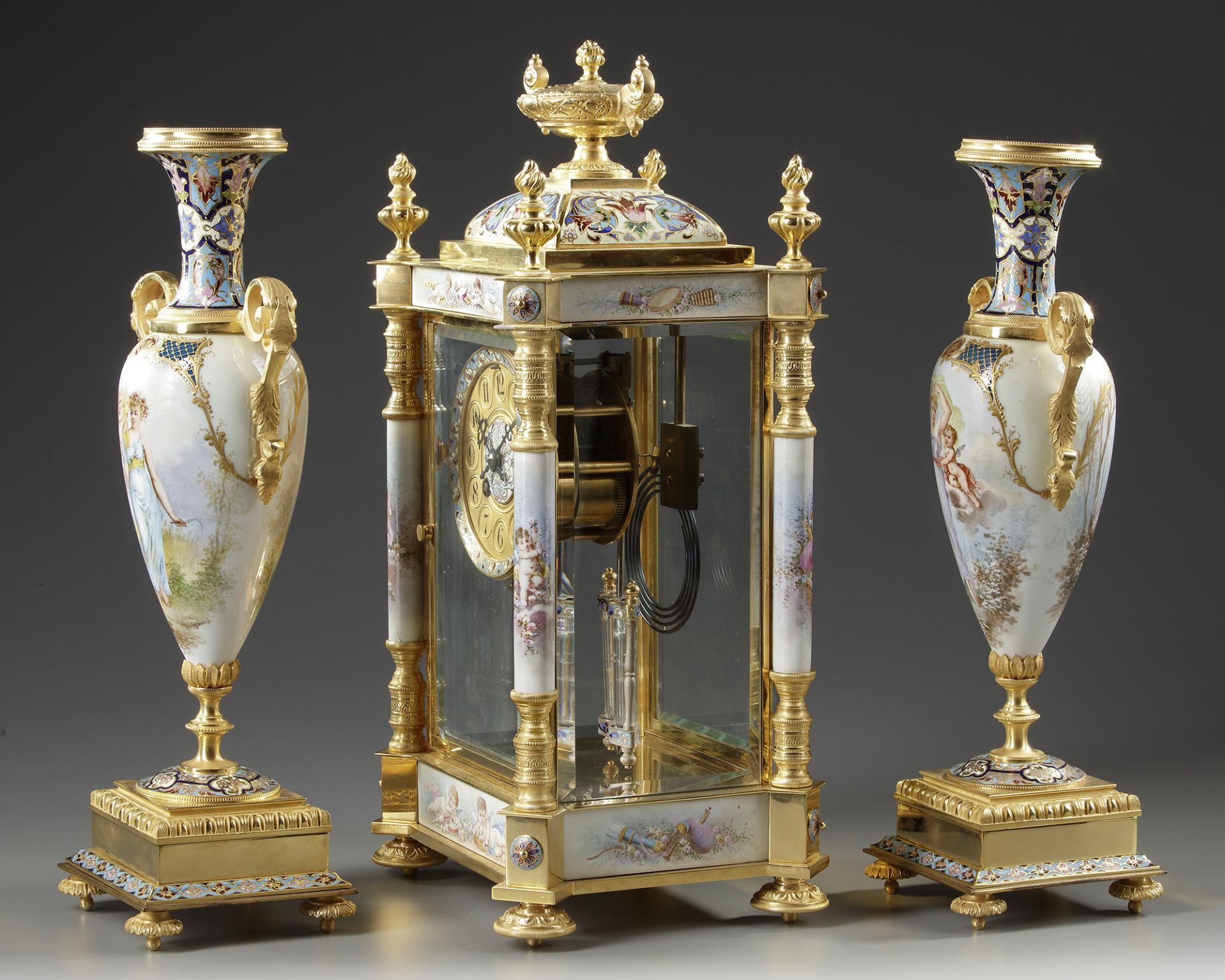 A FRENCH ORMOLU AND PORCELAIN CLOCK GARNITURE, 19TH CENTURY - Image 3 of 3