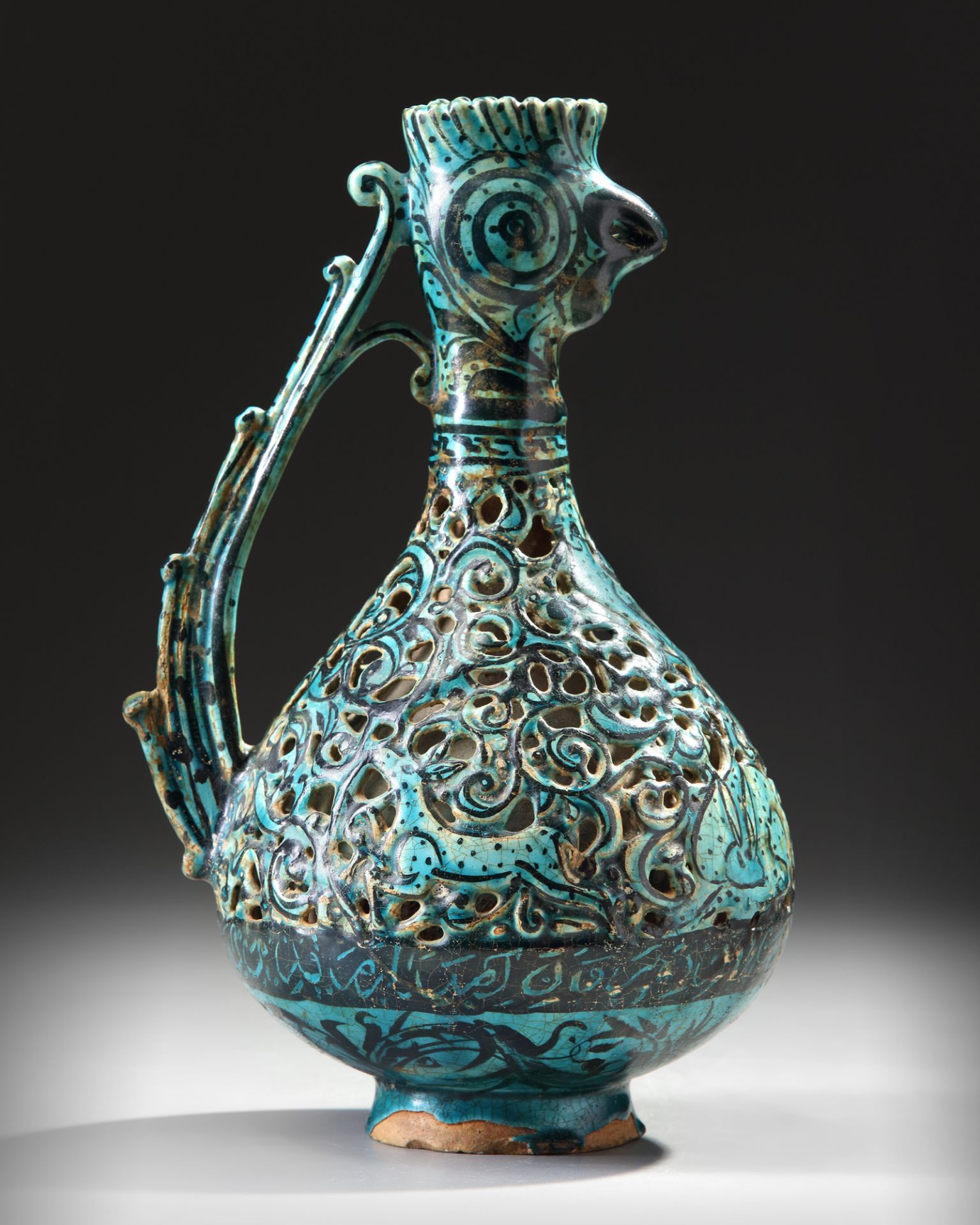 A RARE FRITWARE OPENWORK DECORATED RETICULATED EWER WITH ROOSTER HEAD, PERSIA, 13TH CENTURY - Image 2 of 16