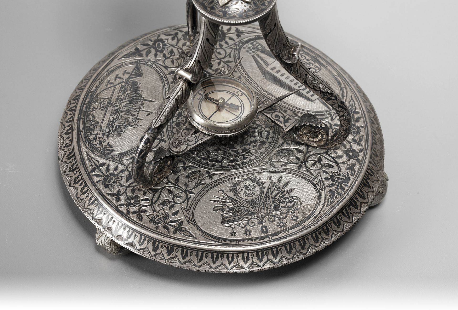 AN OTTOMAN SILVER, NIELLOED AND ENGRAVED GLOBE CLOCK BEARING THE TUGHRA OF SULTAN ABDULHAMID II TURK - Image 8 of 9