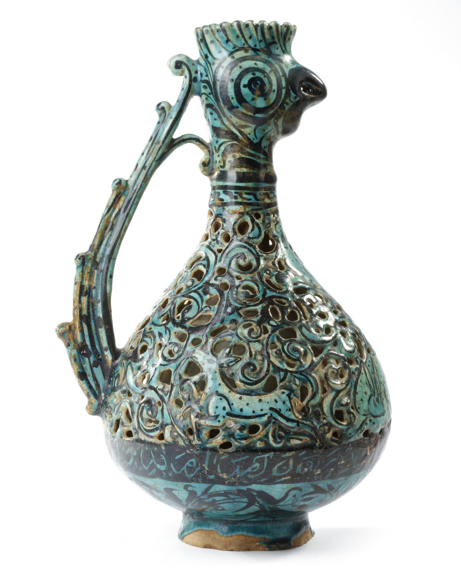 A RARE FRITWARE OPENWORK DECORATED RETICULATED EWER WITH ROOSTER HEAD, PERSIA, 13TH CENTURY - Image 13 of 16