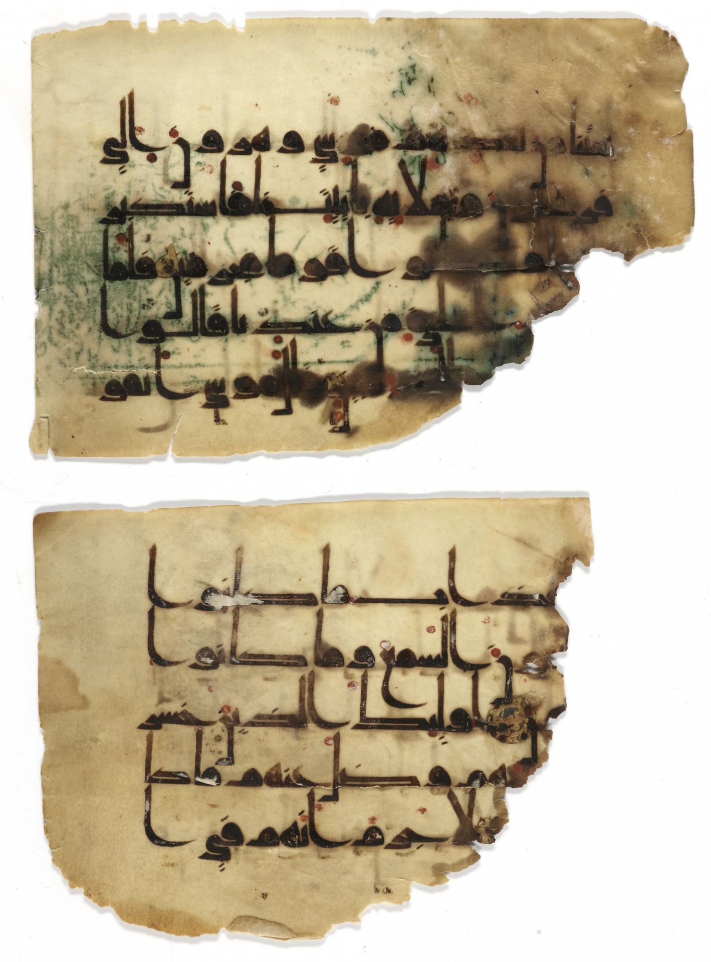 TWO FOLIOS FROM DIFFERENT KUFIC QURANS ON VELLUM, NORTH AFRICA OR NEAR EAST, 9TH-10TH CENTURY - Image 2 of 2