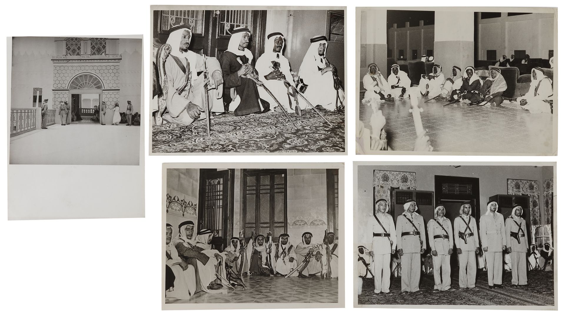 FIVE PHOTOGRAPHS OF AL-SAUD ROYAL GUARDS WITH THEIR TRADITIONAL WEAPONS AND UNIFORMS, DURING DUTY AT
