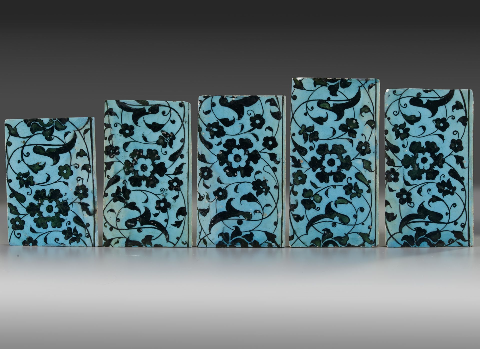 FIVE BLACK AND TURQUOISE 'DOME OF THE ROCK' POTTERY TILES, JERUSALEM, SECOND HALF 16TH CENTURY - Image 2 of 3