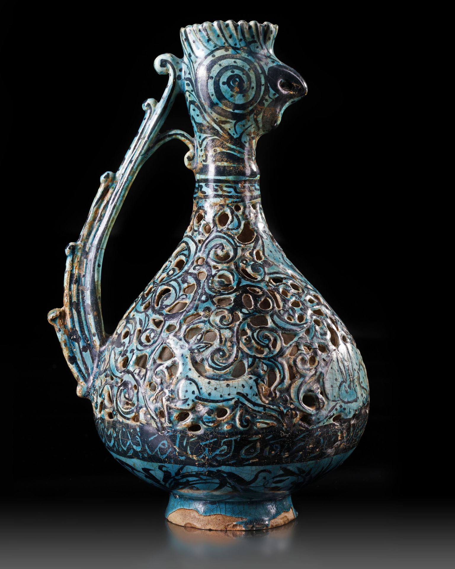 A RARE FRITWARE OPENWORK DECORATED RETICULATED EWER WITH ROOSTER HEAD, PERSIA, 13TH CENTURY - Image 16 of 16