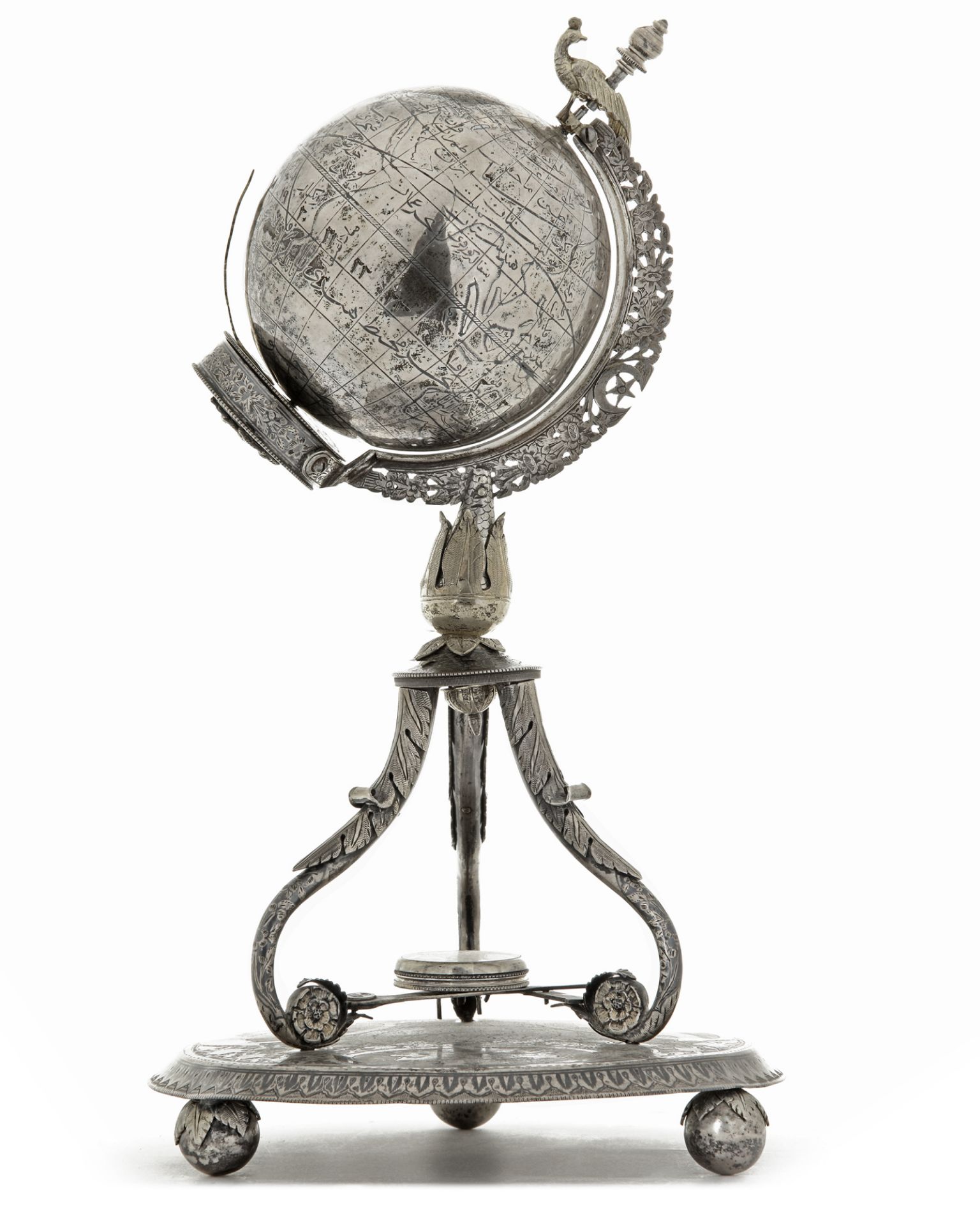 AN OTTOMAN SILVER, NIELLOED AND ENGRAVED GLOBE CLOCK BEARING THE TUGHRA OF SULTAN ABDULHAMID II TURK