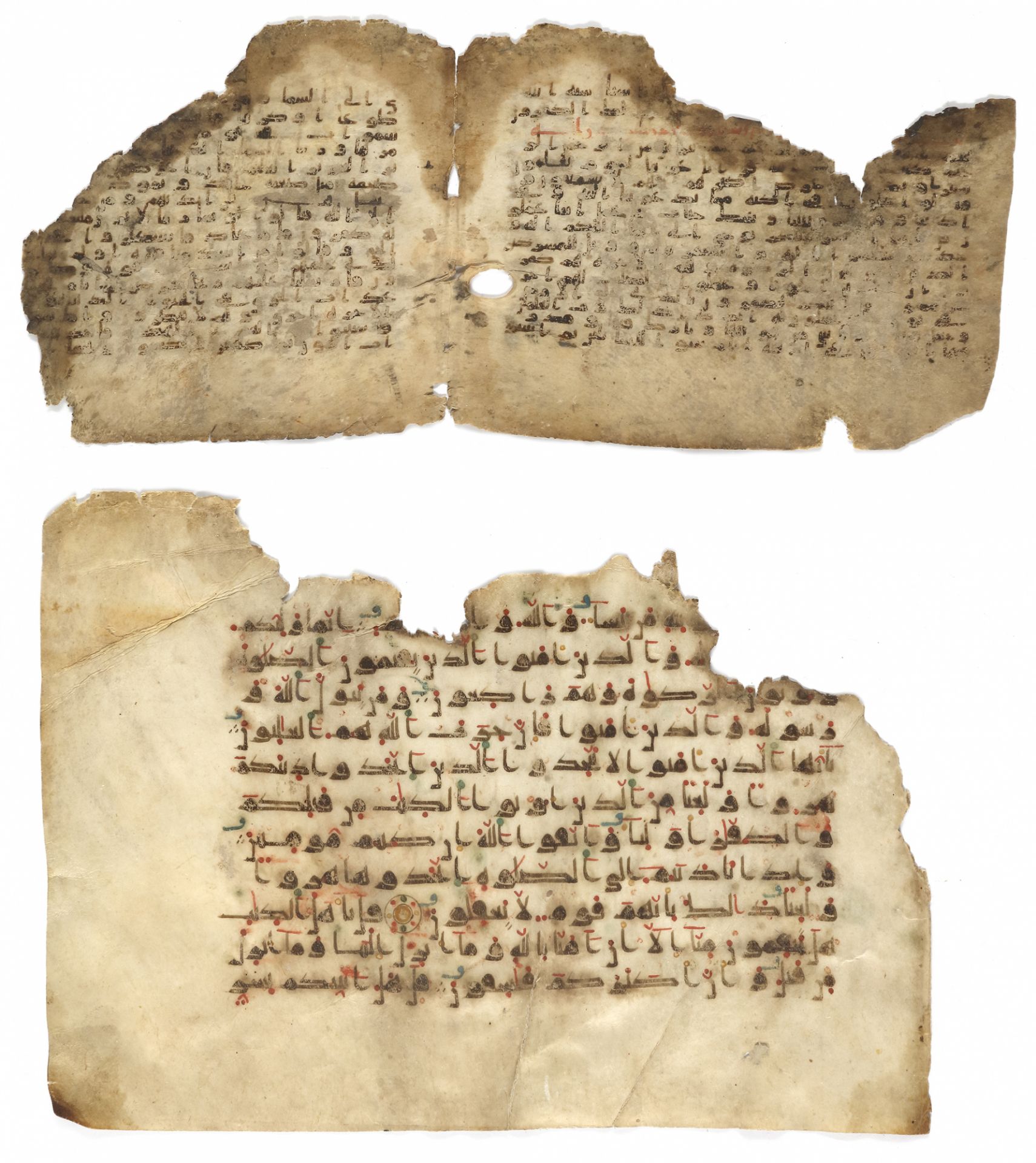 TWO FOLIOS FROM DIFFERENT KUFIC QURANS, NORTH AFRICA OR NEAR EAST, 9TH CENTURY - Image 2 of 2