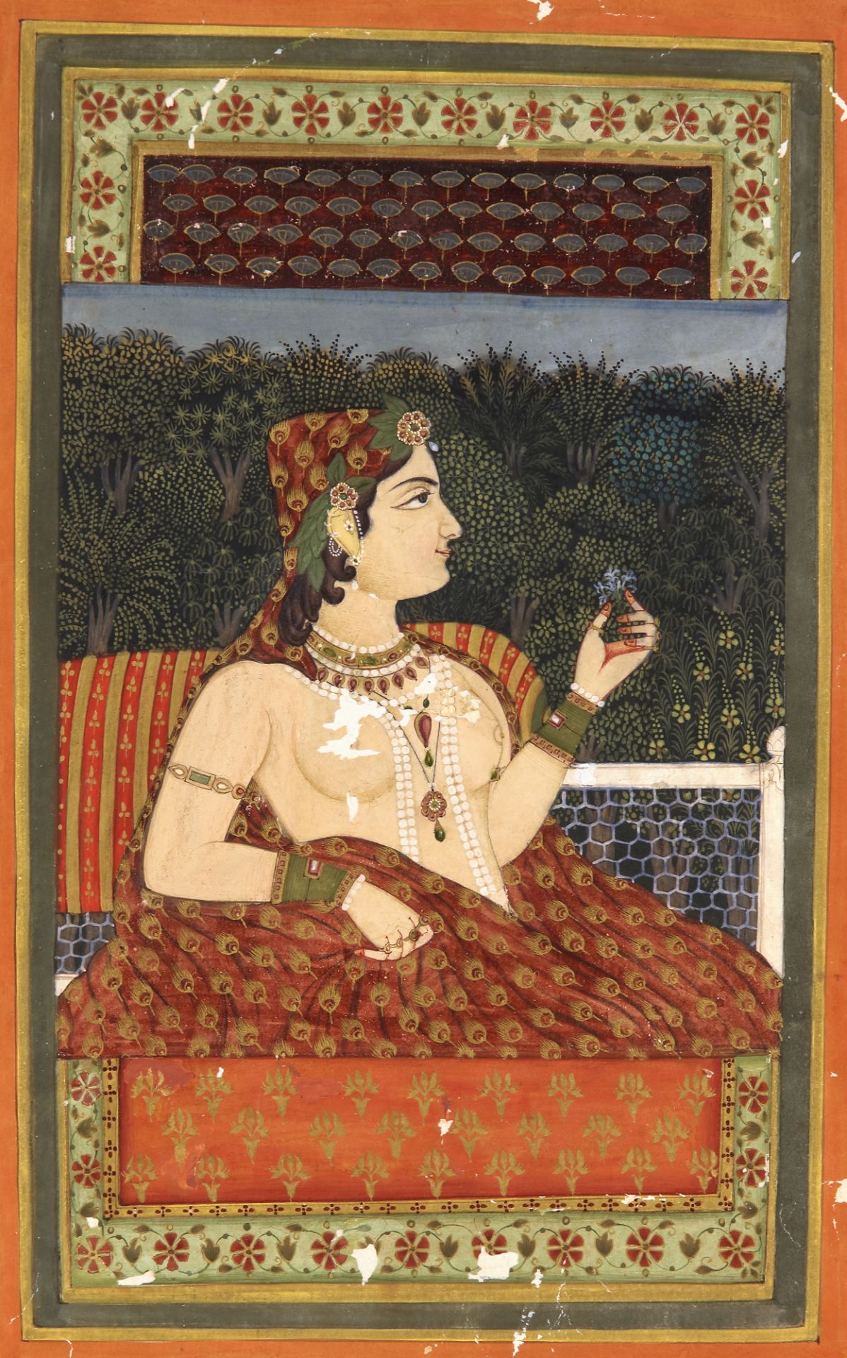 A PRINCES SEATED ON A TERRACE OVERLOOKING THE GARDEN, RAJASTHAN, NORTH INDIA, 19TH CENTURY