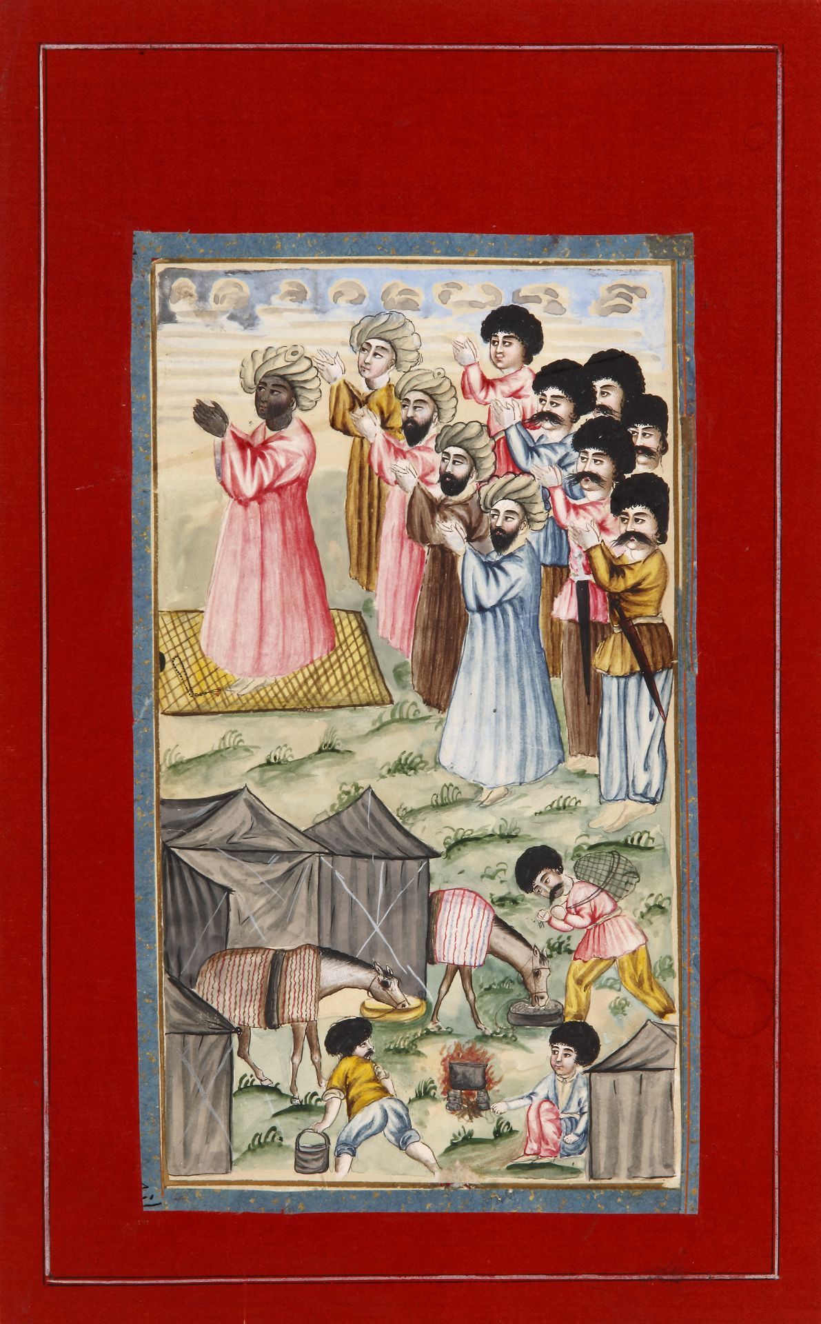 A PERSIAN MINIATURE DEPICTING A GROUP DURING PRAYER, LATE 18TH CENTURY