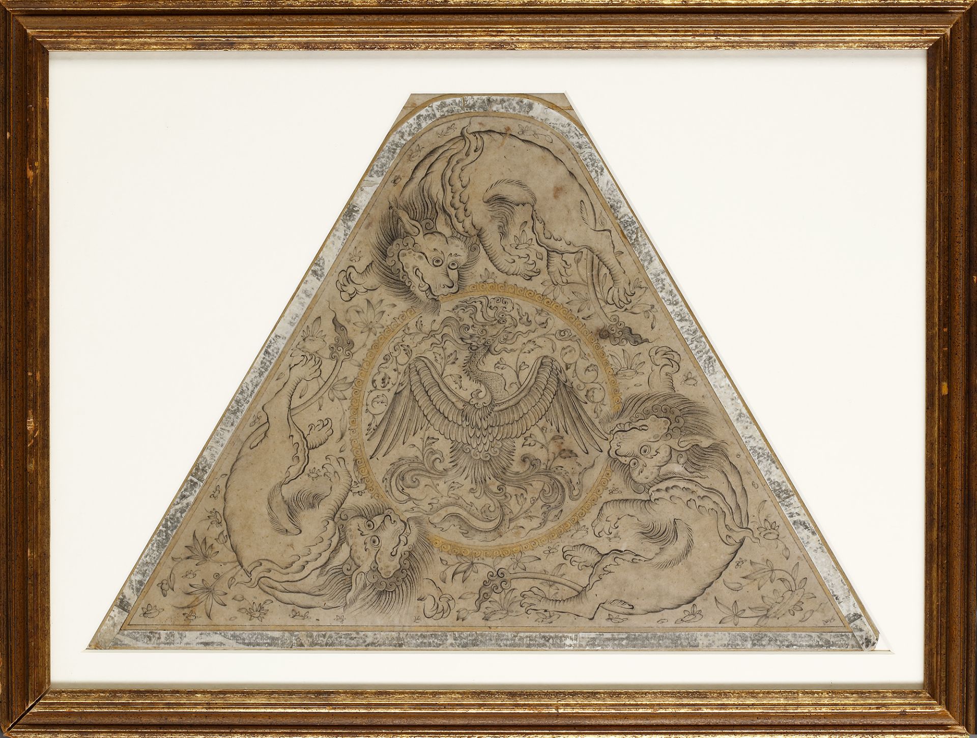 A TRAPEZOID SHAPED DRAWING OF THREE LIONS ENCIRCLING A PHOENIX, PROBABLY HERAT OR TABRIZ, EARLY 15TH - Image 5 of 6