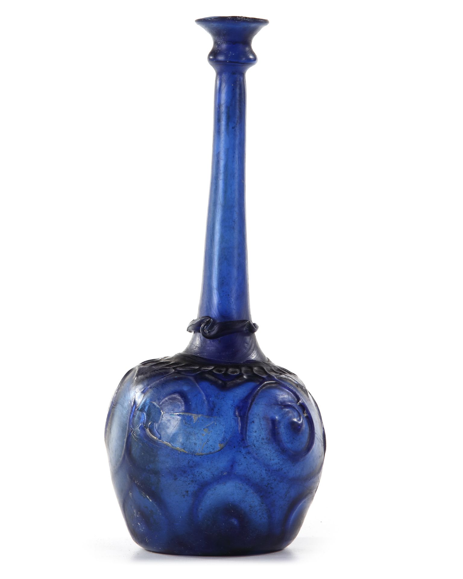 A LARGE MOULD-BLOWN BLUE GLASS BOTTLE-VASE OR SPRINKLER, PERSIA, 12TH CENTURY - Image 3 of 7