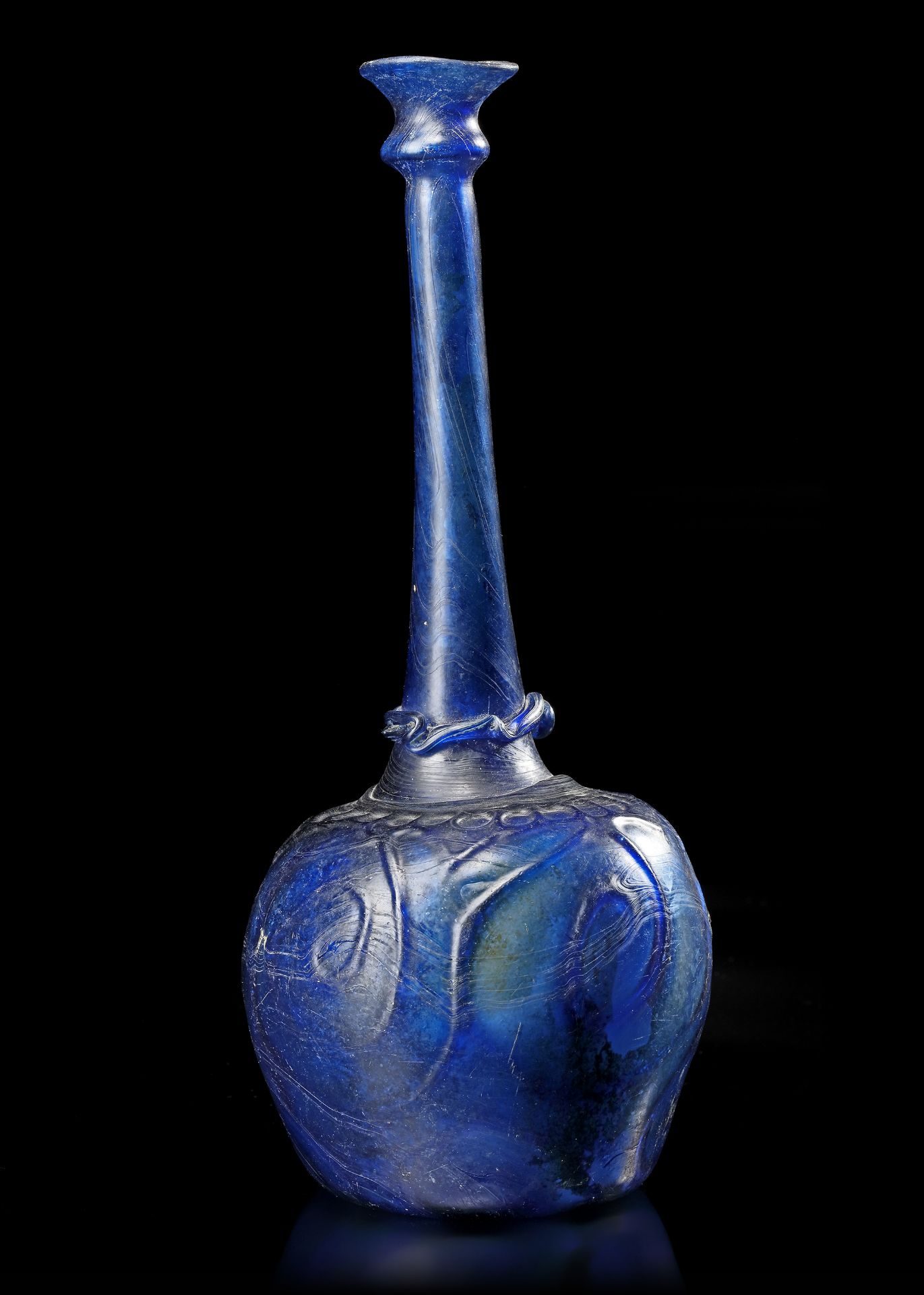 A LARGE MOULD-BLOWN BLUE GLASS BOTTLE-VASE OR SPRINKLER, PERSIA, 12TH CENTURY - Image 6 of 7