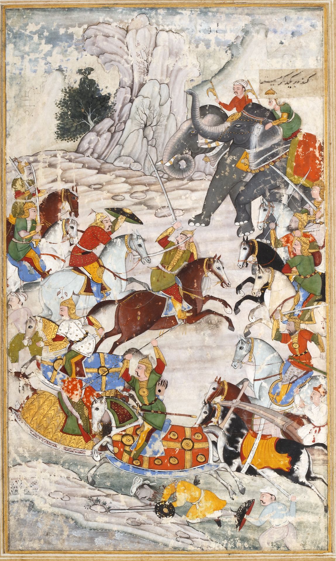 A MINIATURE OF A BATTLE SCENE, MUGHAL INDIA, AKBAR WORKSHOPS, EARLY 17TH CENTURY