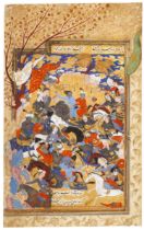 A MINIATURE OF A BATTLE SCENE, SAFAVID, PERSIA, 16TH CENTURY