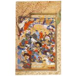 A MINIATURE OF A BATTLE SCENE, SAFAVID, PERSIA, 16TH CENTURY