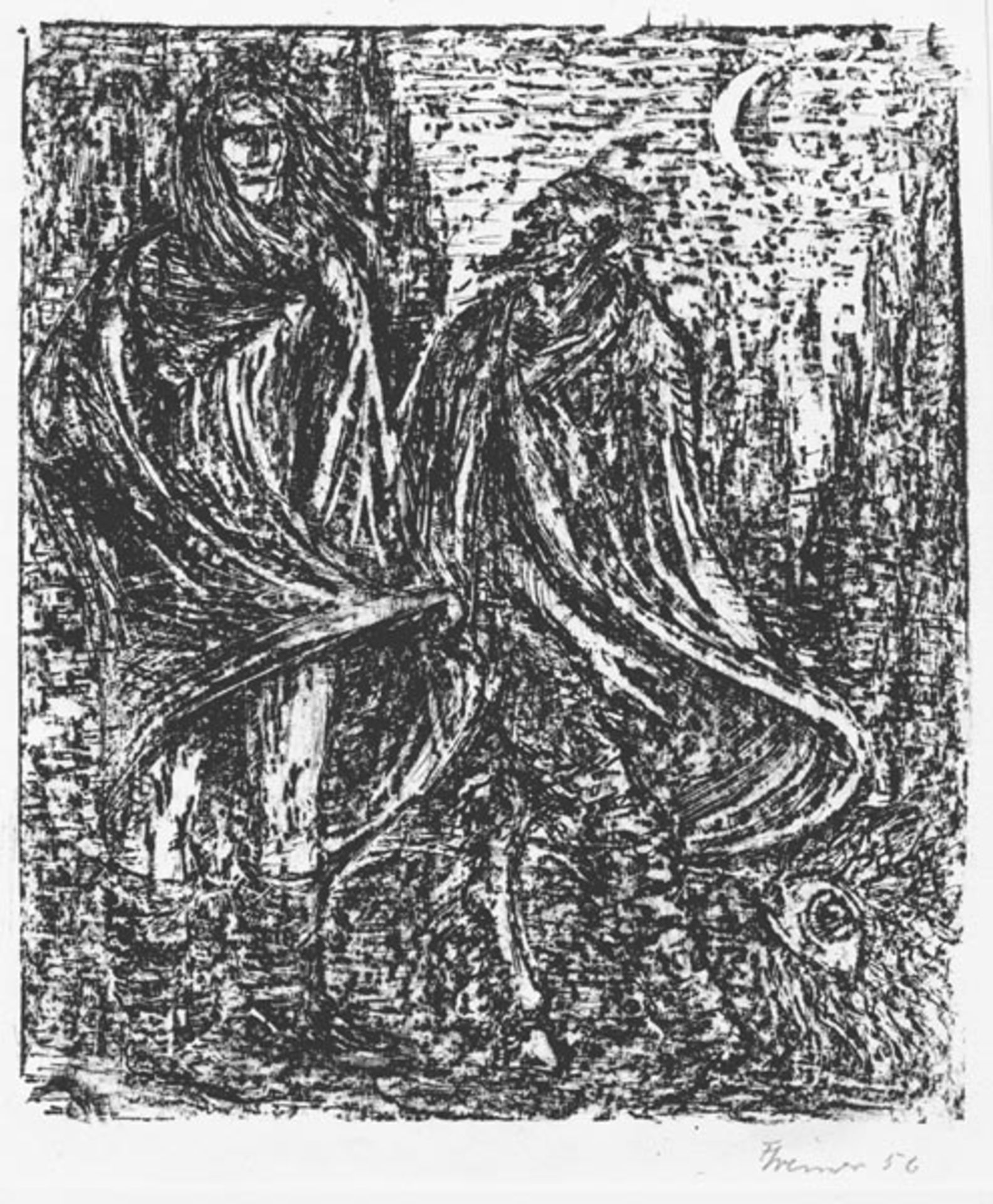 Cremer, Fritz. aus dem Zyklus Walpurgisnacht, Blatt 2: Faust und Mephisto mit dem Irrlicht