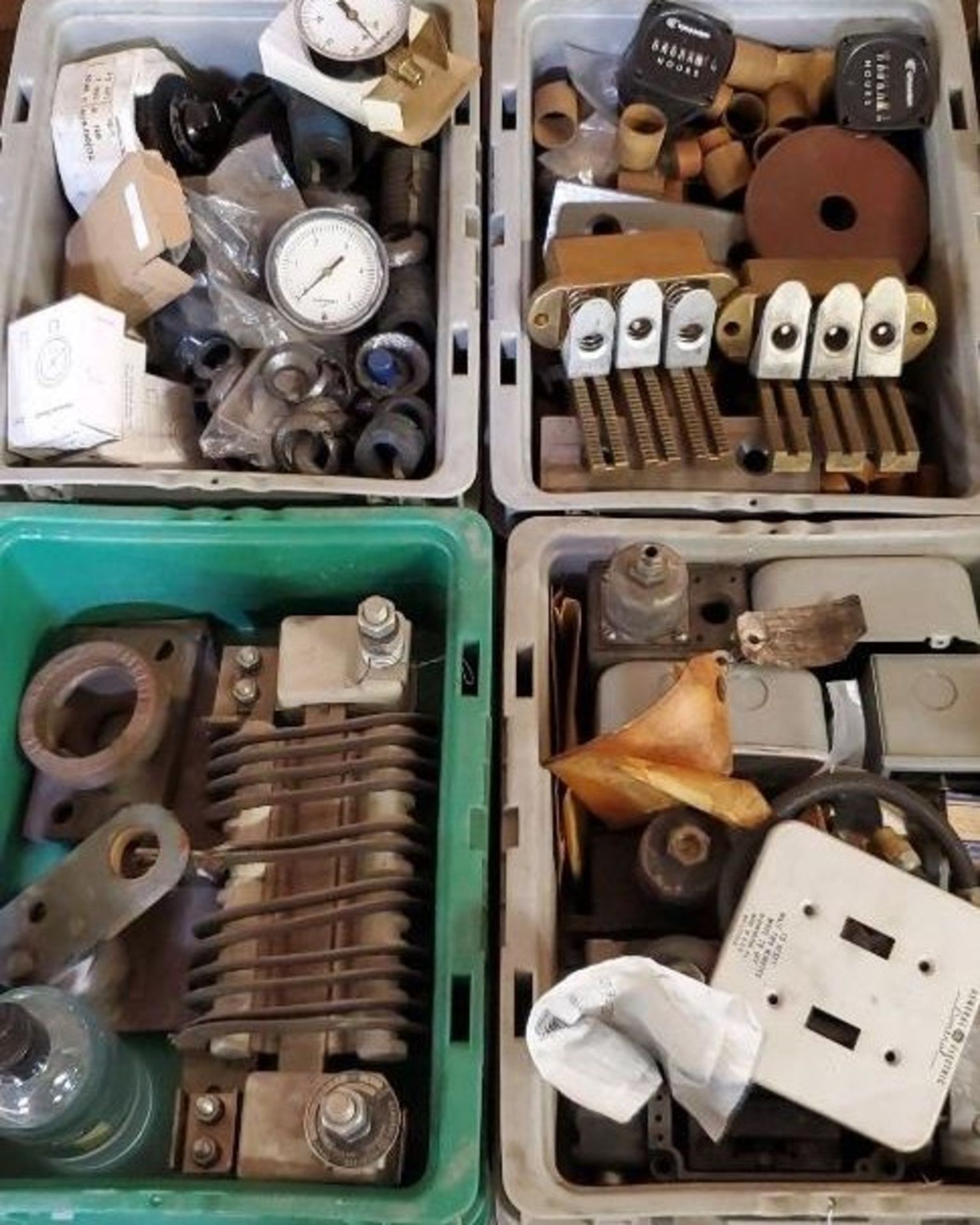 (6) Trays of Brass Contactors, Hour Meters, More