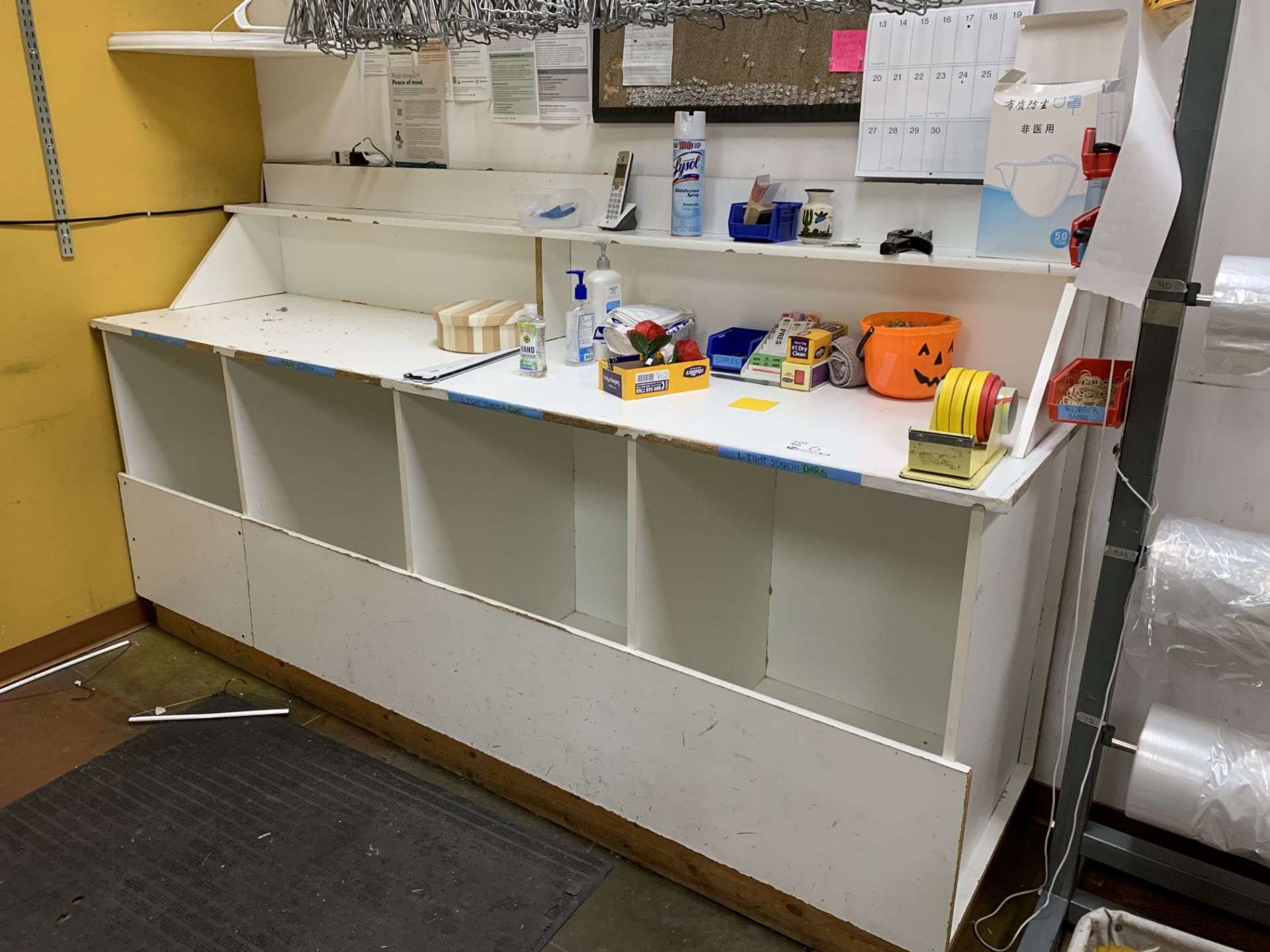 8' x 2' Wood Counter with contents (office supplies)