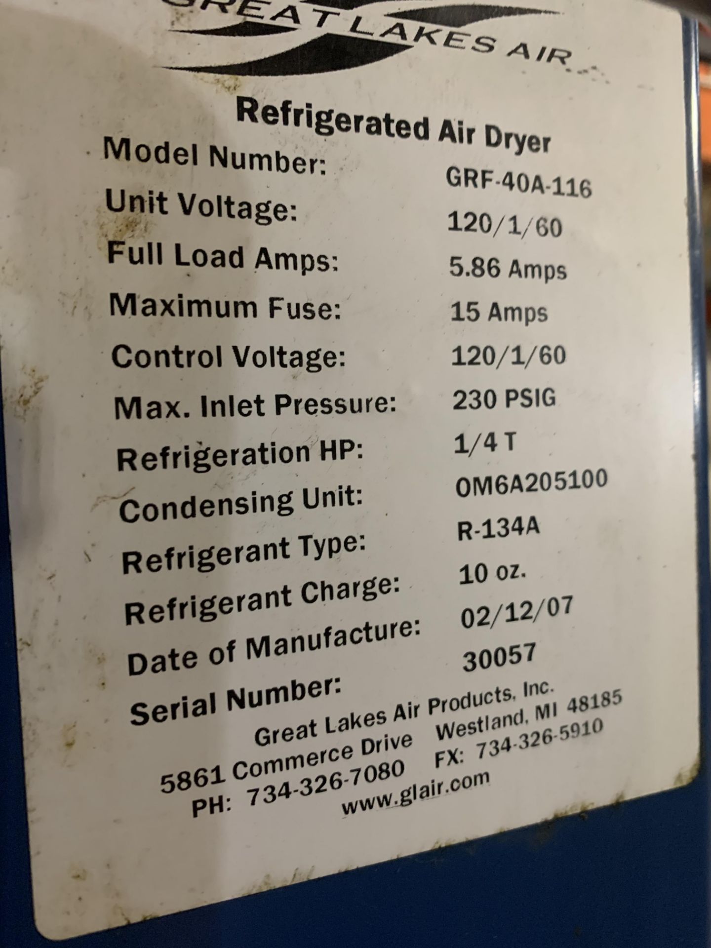 Great Lakes Refrigerated Air Dryer Model GRF-40A-116 120V, R-134A Compatible - Image 2 of 2