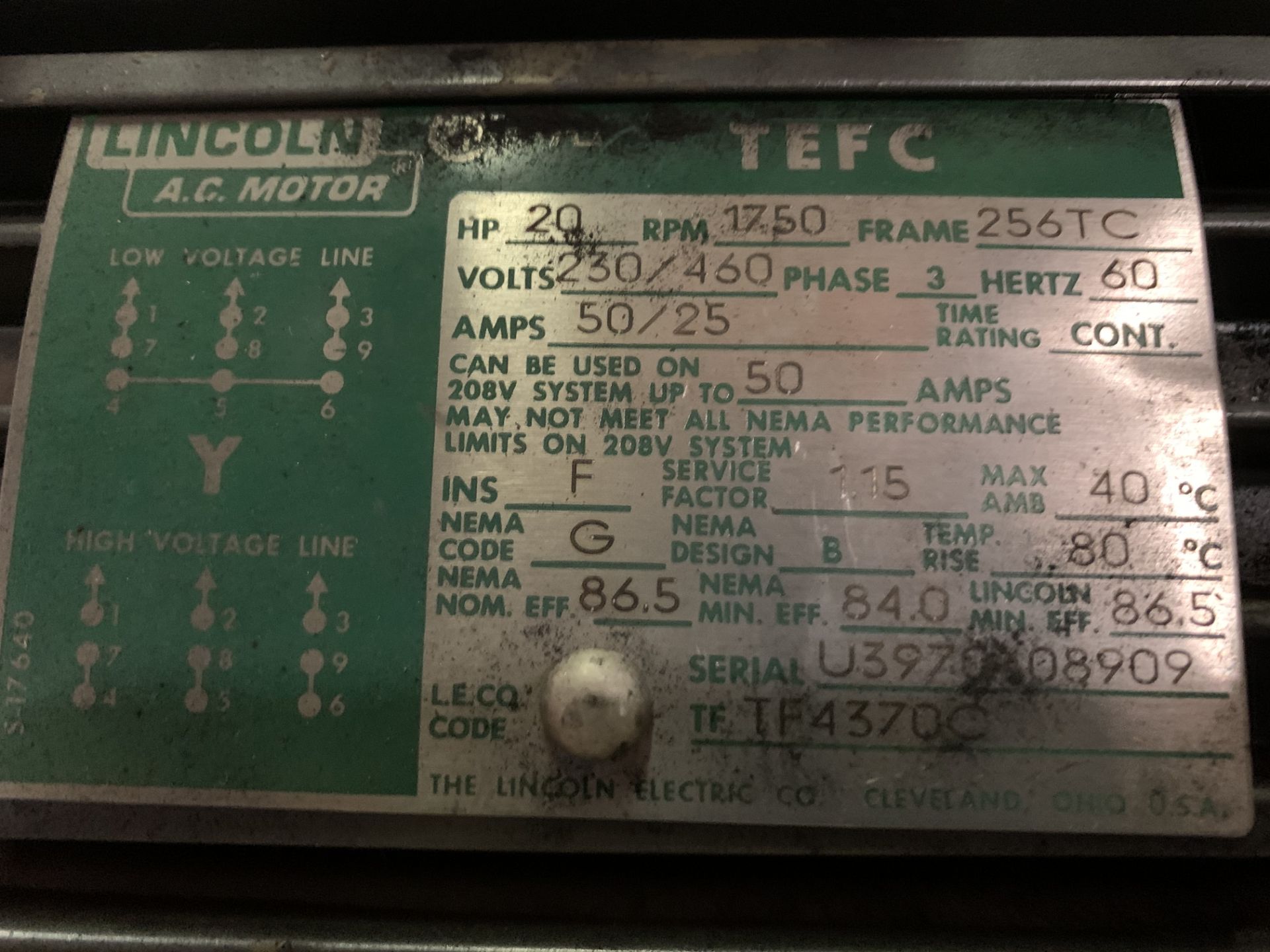 Lincoln TEFC 20HP Motor, 1750RPM - Image 2 of 2