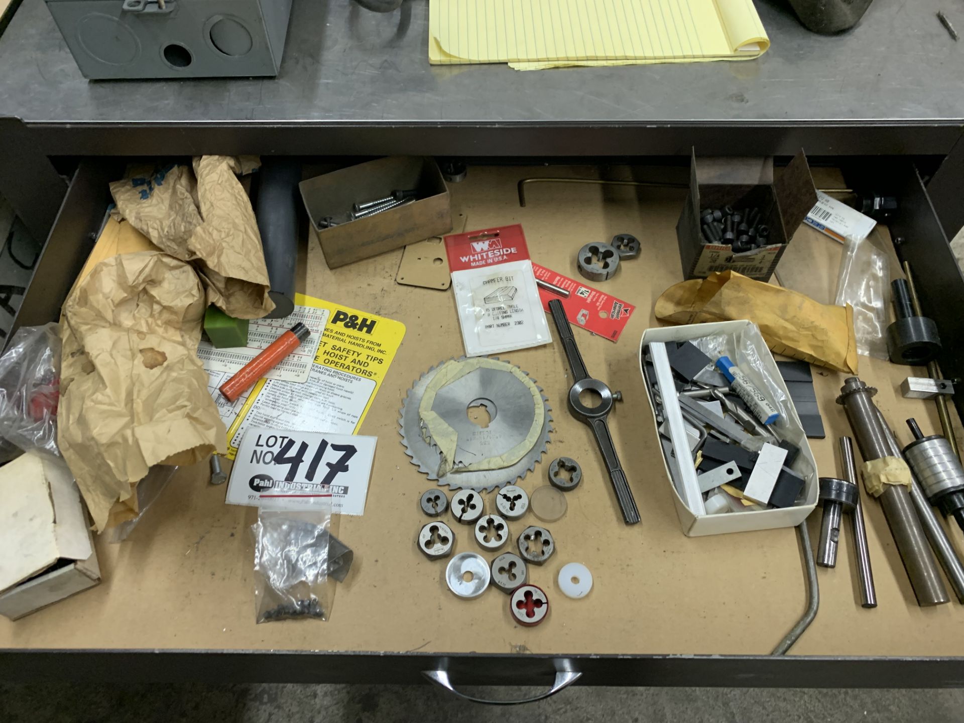 Drawer of assorted dies, cutting arbors, precision tooling & parts