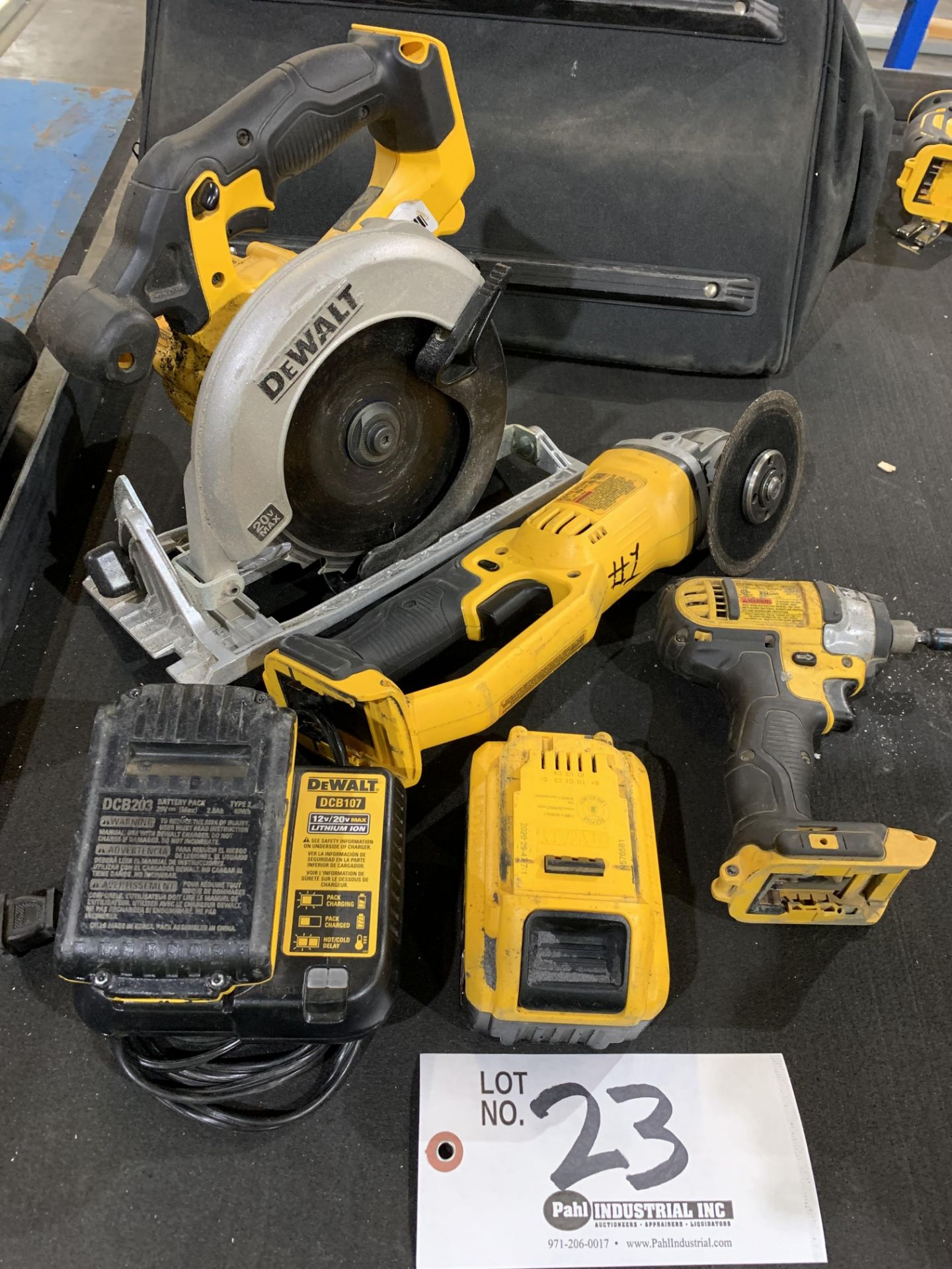 DeWalt 5" Cordless Circular Saw, 5" Right Angle Grinder and 1/4" Impact w/2 20v batteries and charge