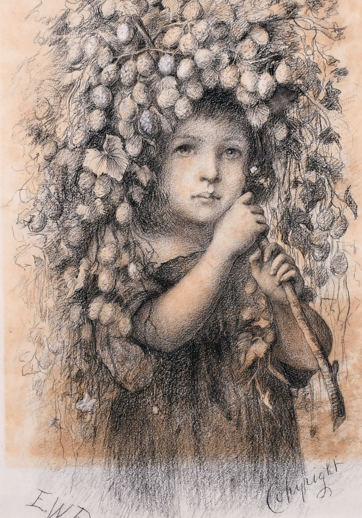 E… W… R… (20th Century) British. A Young Girl with a Garland of Hops, Pencil, Signed with Initials