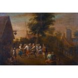 Circle of Theobald Michau (1676-1765) Belgian. Figures Revelling by a Tavern, Oil on Copper, 7.25” x