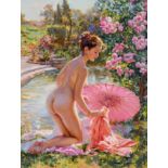 Konstantin Razumov (1974- ) Russian. "Summer Day", a Naked Girl by a Pond, Oil on Canvas, Signed