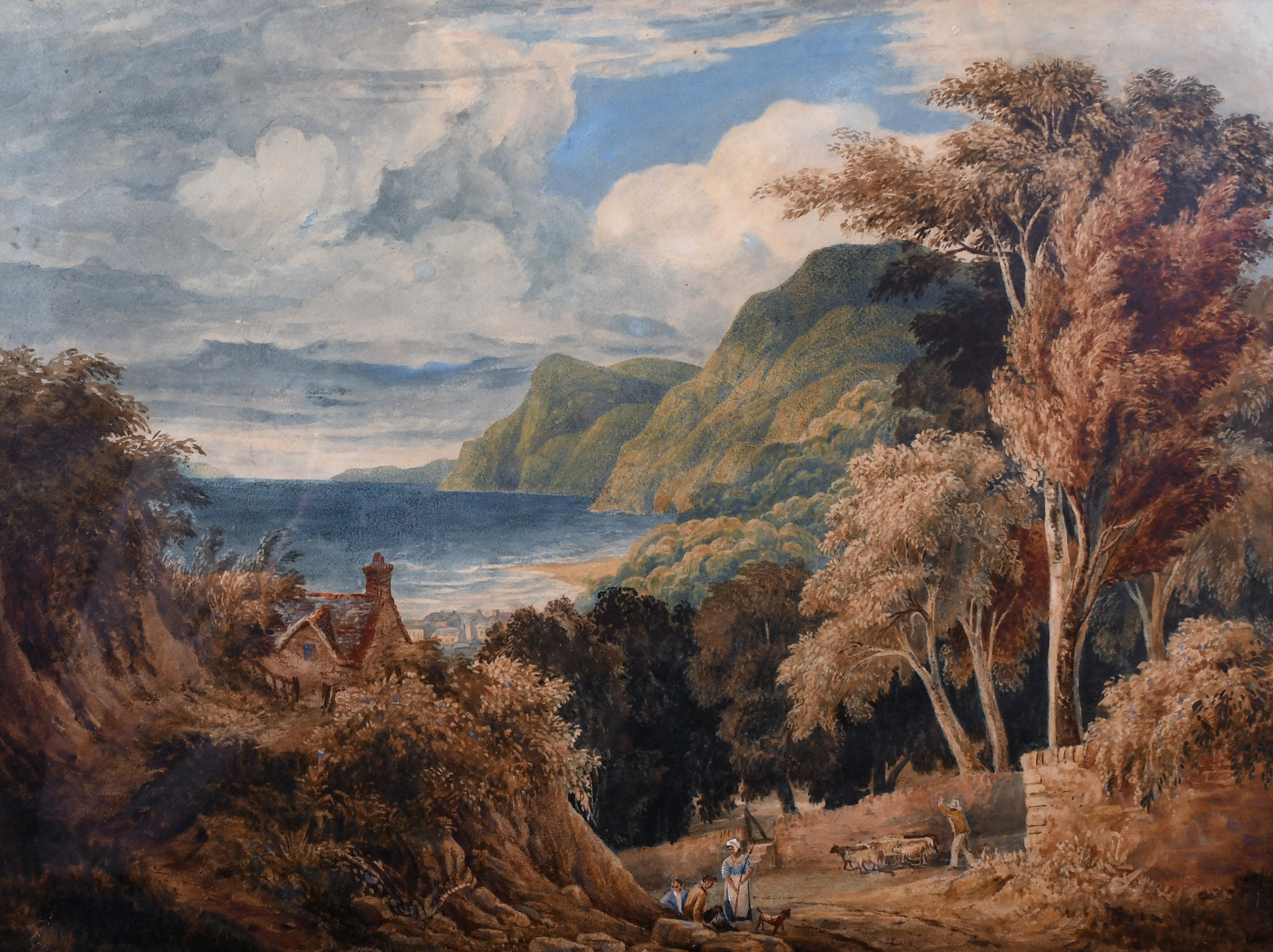 19th Century English School. A Coastal Scene with Figures on a Path, Watercolour, Indistinctly