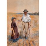 Henry Townley Green (1836-1899) British. A Man and Child in a Harvest Field, Watercolour, Signed,