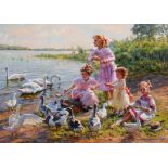 Konstantin Razumov (1974- ) Russian. "By the Lake with Swans", Children feeding Swans and Ducks, Oil