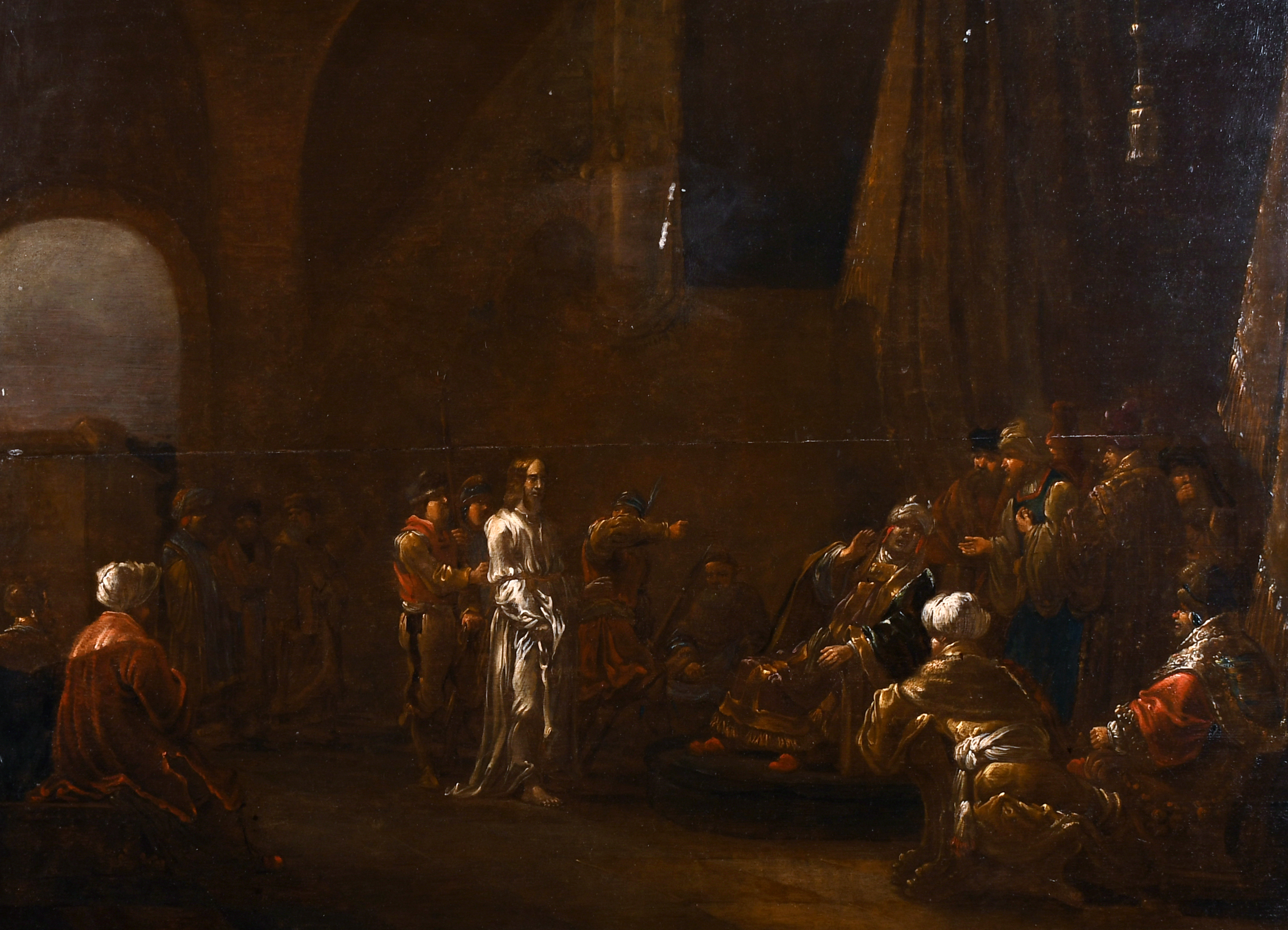 Late 17th Century Dutch School. ‘Christ before Caiaphas’, Oil on Panel, 19” x 25” (48.2 x 63.5cm)