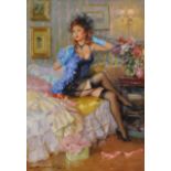 Konstantin Razumov (1974- ) Russian. A Lady in Lingerie in her Bedroom, Oil on Canvas, Signed in