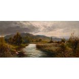 I… T… Adams (19th – 20th Century) British. A River Landscape with Harvesting in the distance, Oil on