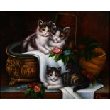C… Prossit (20th Century) Continental. Kittens at Play in a Brass Bucket, Oil on Panel, Signed, 7.