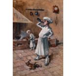 F… Villetti (19th Century) Italian. A Kitchen Scene with a Chef drinking from a Bottle of Wine,