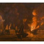 William Marlow (1740-1813) British. ‘A Ship Ablaze at Night in a Town Harbour’, Oil on Canvas, 15” x