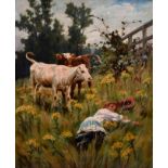 Arthur Wardle (1864-1949) British. ‘Asleep in the Field’, a Young Girl asleep with Two Calves