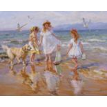 Konstantin Razumov (1974- ) Russian. “On the Beach by the Sea”, with Young Children a Dog and a
