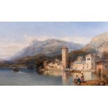 George Edward Hering (1805-1879) British. "Pella Lake of Orta", with Figures on the Shore, Oil on