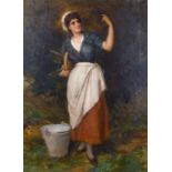 William Oliver (1823-1901) British. Study of a Milkmaid, with a Bucket and Stool, Oil on Canvas,