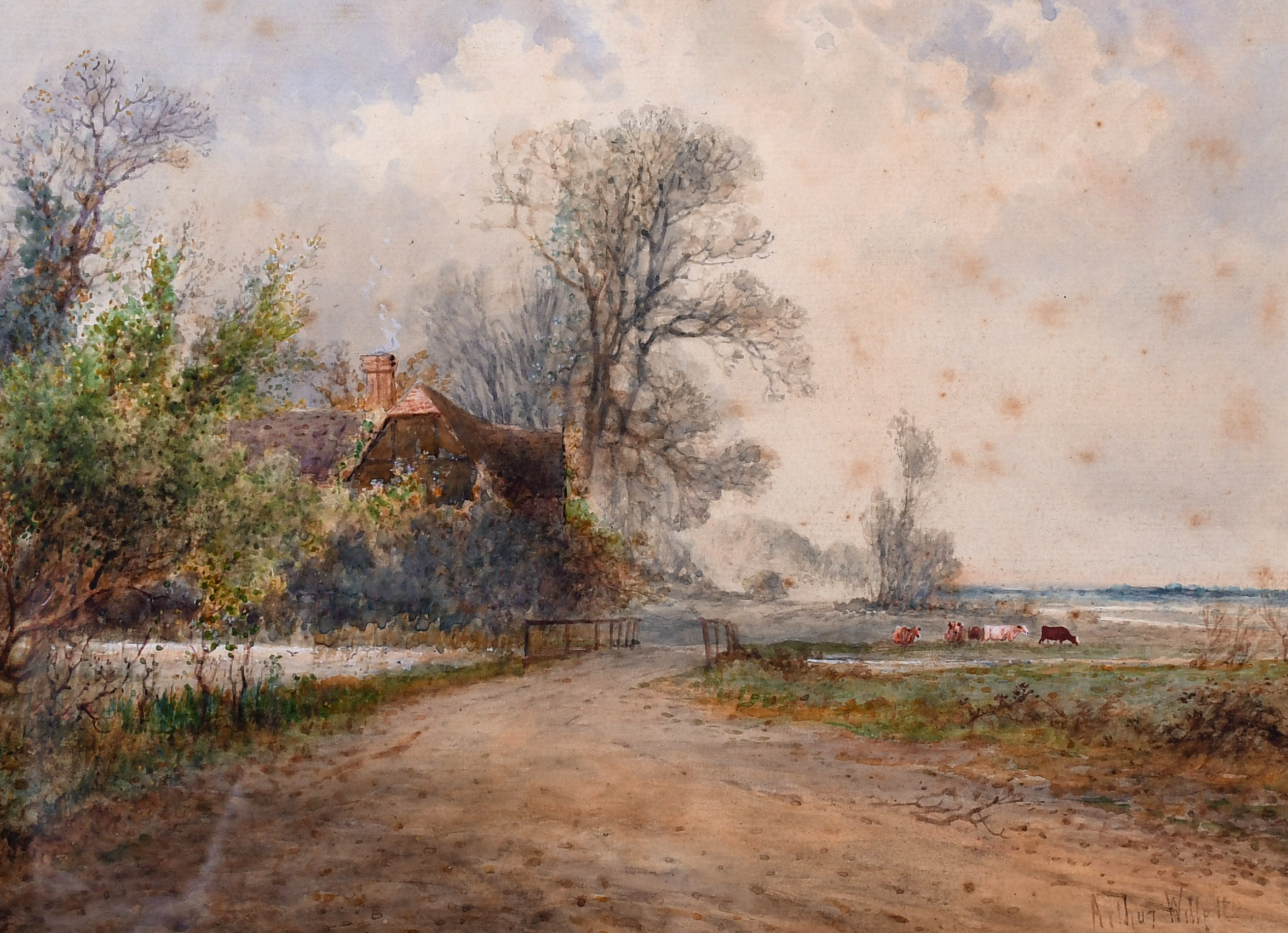 Arthur Willett (1857-1918) British. A Country Landscape with a Cottage and Cattle beyond,