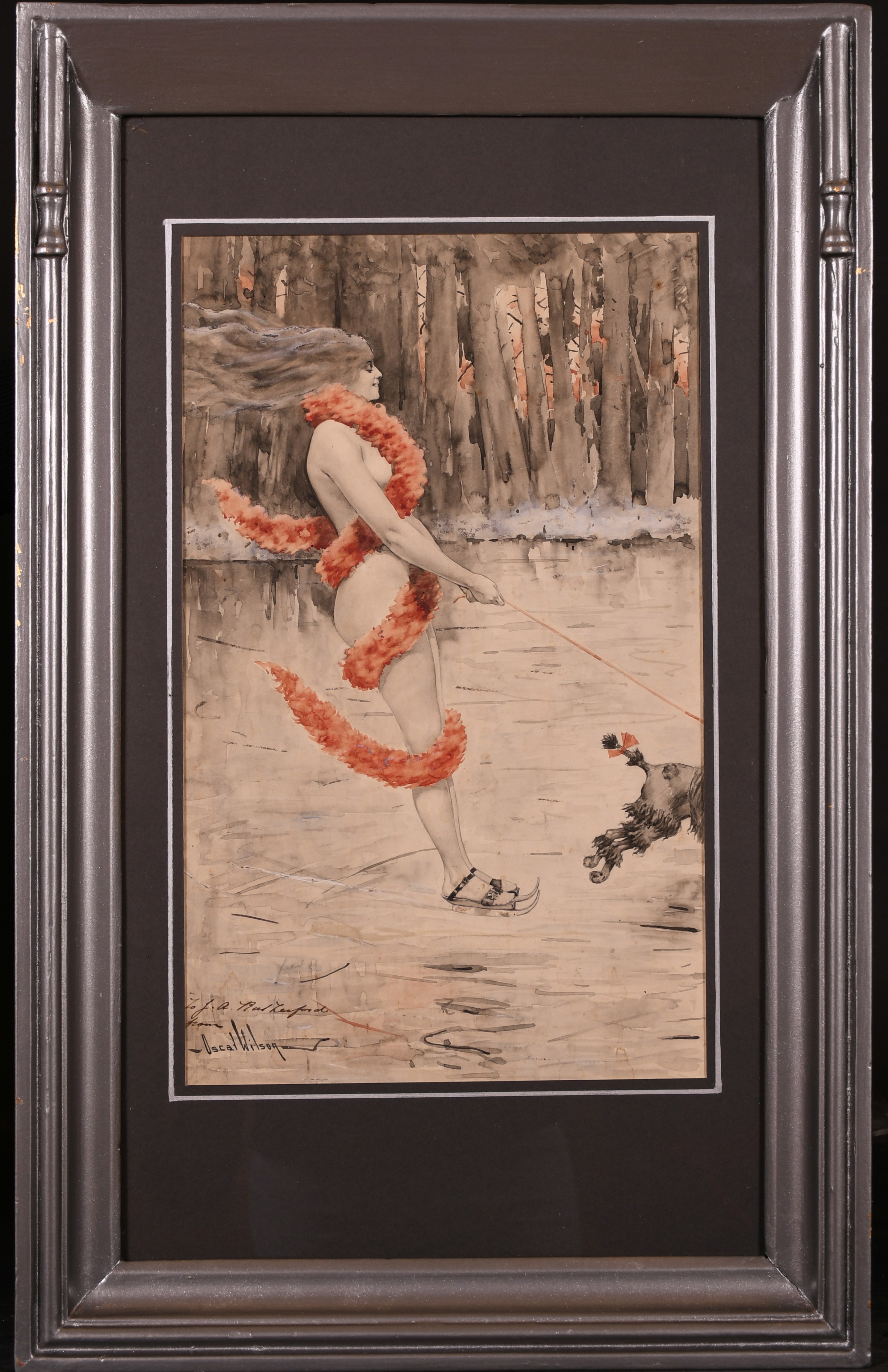 Oscar Wilson (1867-1930) English. A Naked Lady Skating wearing a Boa, being pulled by a Dog, - Image 2 of 4