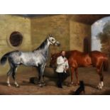 William Barraud (1810-1850) British. Dappled Gray and Chestnut Thoroughbreds with their Trainer, Oil