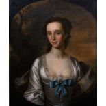 Late 18th Century Irish School. Bust Portrait of a Lady dressed in White Satin with a Blue Bow,