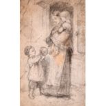 19th Century English School. A Mother and Children by a Cottage Door, Pencil, Mounted, Unframed, 4.
