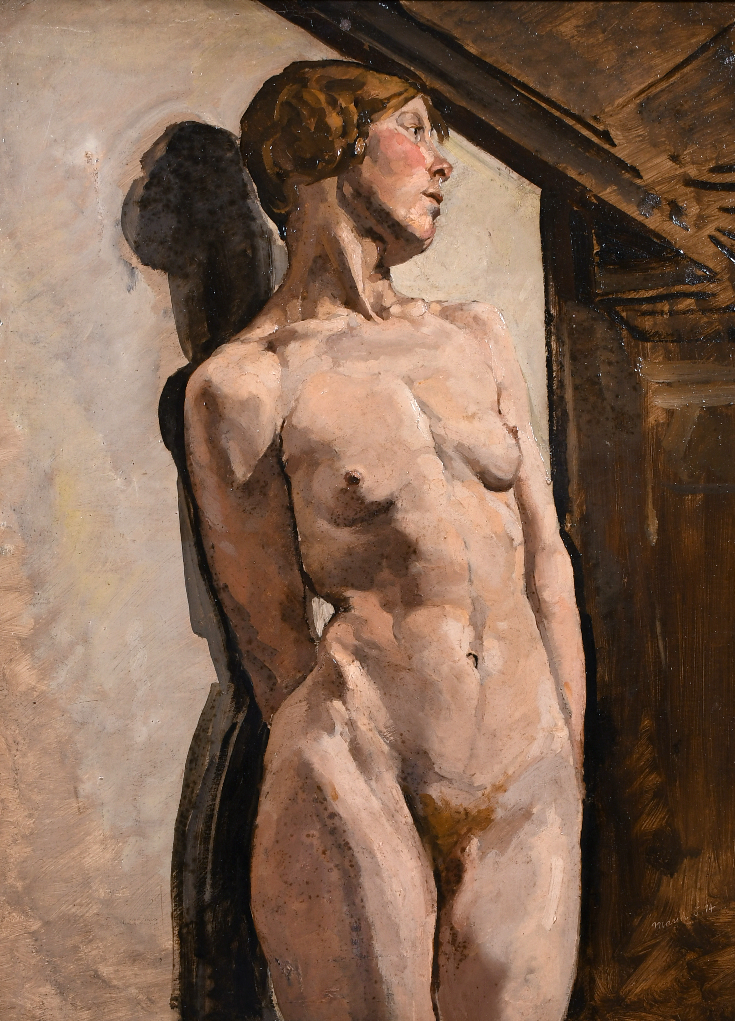 20th Century English School. A Standing Nude, Oil on Board, Signed and Dated ‘March 5.14’