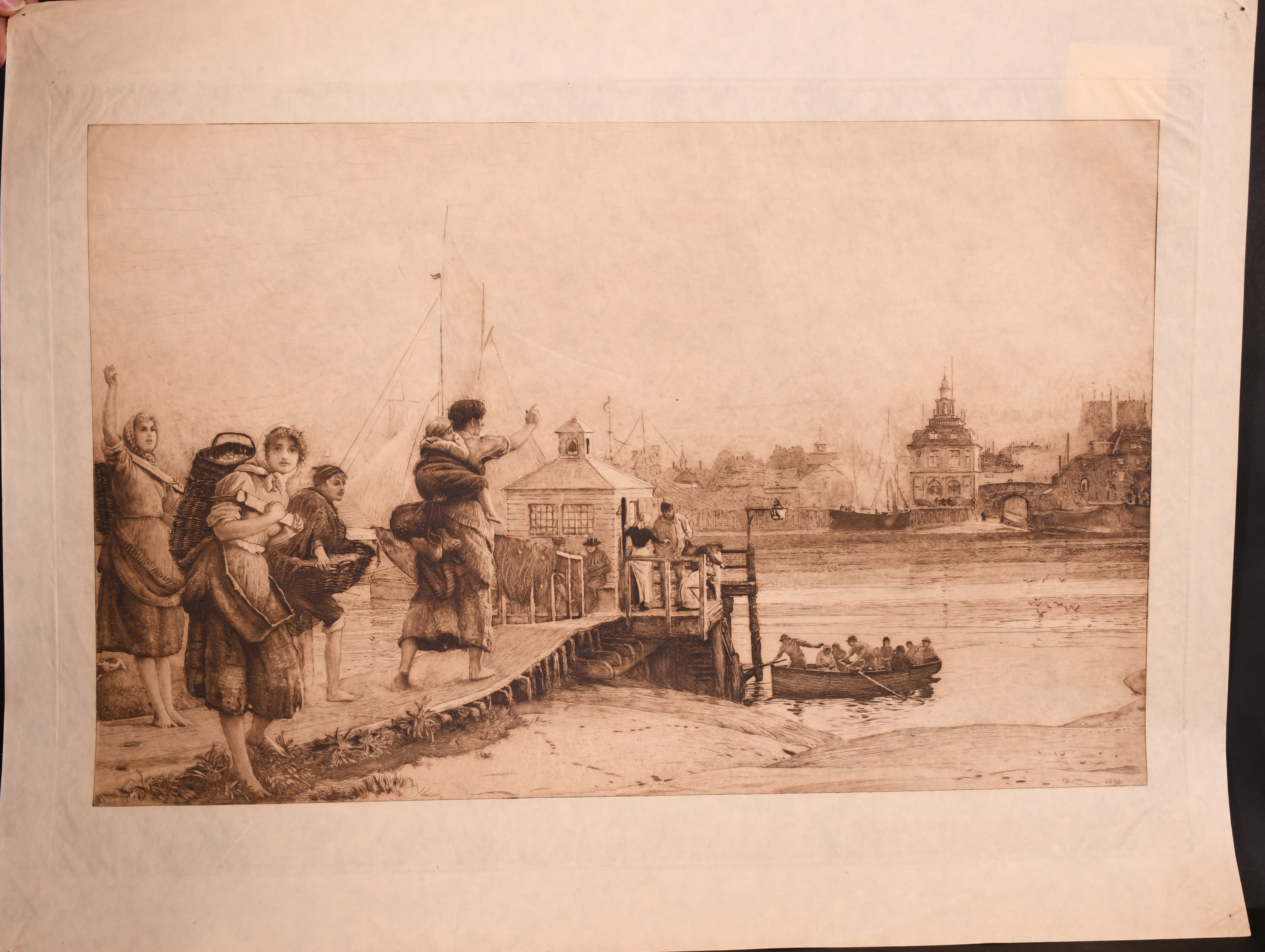 Robert Walker Macbeth (1848-1910) British. “Waiting for the Ferry”, Engraving, Unframed, 13.75” x - Image 2 of 4